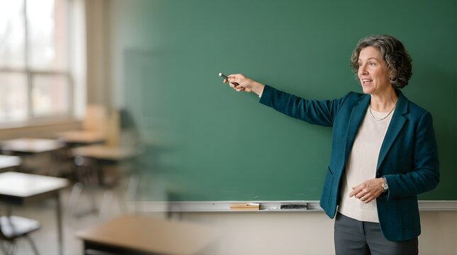 Female teacher standing and pointing at a green classroom chalkboard
