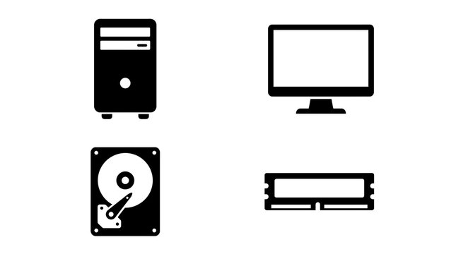Computer hardware icons set desktop tower monitor hard drive and ram module illustration