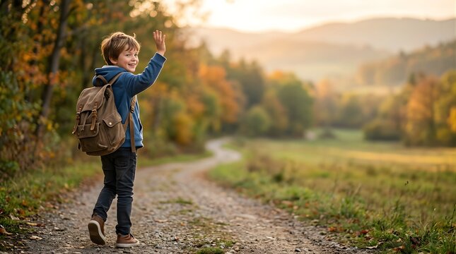 Happy boy waving goodbye with backpack walking on a forest path at sunset