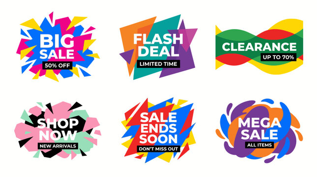 Set of six vibrant abstract sale and discount banners featuring promotional texts like Big Sale, Flash Deal, Clearance, Shop Now, Sale Ends Soon, and Mega Sale, with dynamic geometric designs.