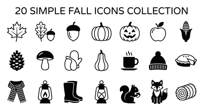 A collection of 20 simple black and white line art icons representing various fall and autumn season elements and objects.