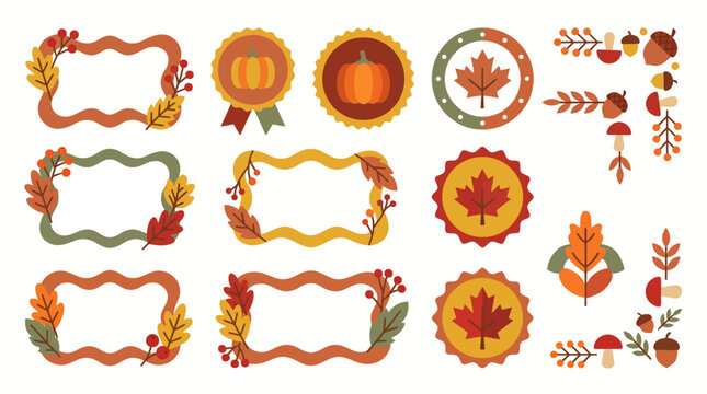 Collection of autumn-themed graphic elements including decorative frames, badges with pumpkins and maple leaves, and corner borders with fall foliage and berries.