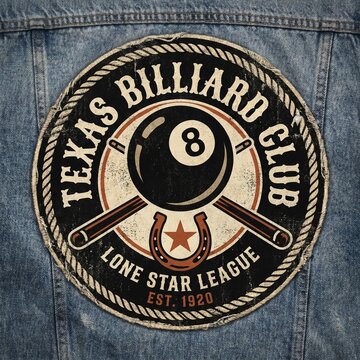 Texas Billiard Patch Logo with 8 Ball and Crossed Pool Cues