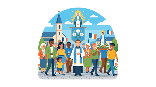 Catholic Religious Procession with Statue and Parishioners in Village