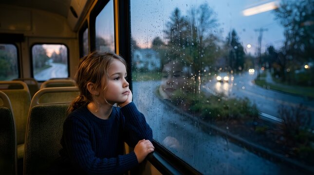 Pensive girl looking through rain-streaked bus window during commute