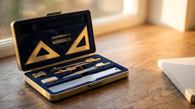 Open geometry set with brass drafting tools on a wooden desk by window