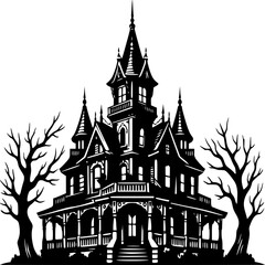 Fototapeta premium Gothic Mansion Silhouette: A striking black silhouette of a Victorian-era mansion, complete with turrets, gables, and a wrap-around porch, stands ominously against a stark background.