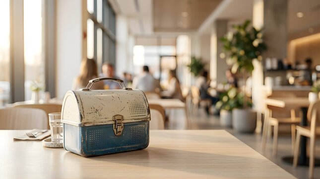 Vintage metal lunch box on a wooden table in a bright modern cafeteria