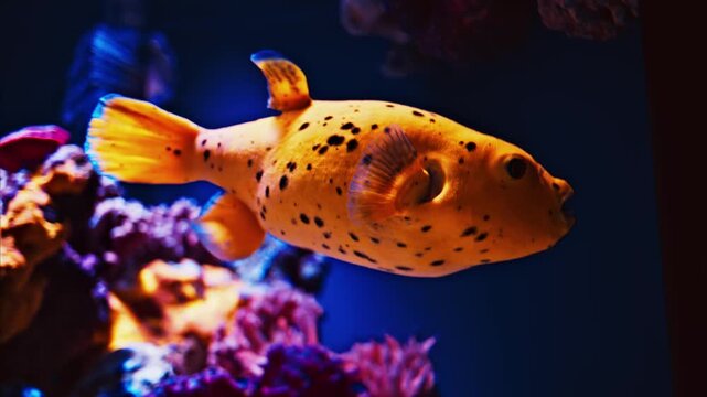 Cinematic close up of yellow boxfish swimming gracefully through coral reef in deep blue ocean aquarium environment.