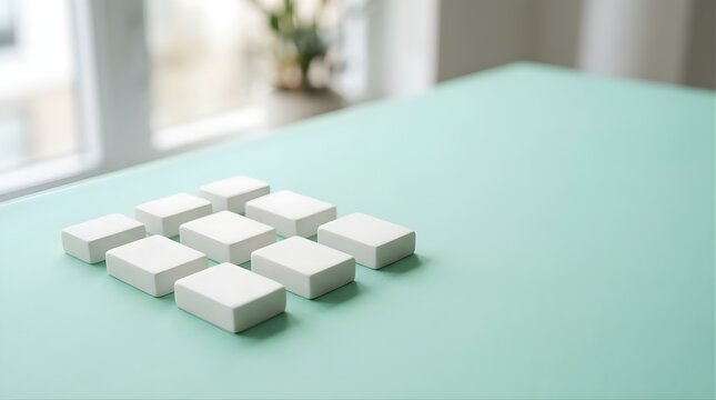 White rubber erasers arranged in a grid on a light green desk surface