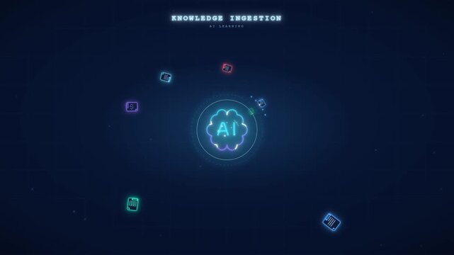 AI brain absorbing floating data icons in an artificial intelligence knowledge ingestion concept
