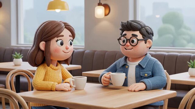 Three-dimensional stylized cartoon man and woman sitting together at a wooden table in a contemporary cafe setting