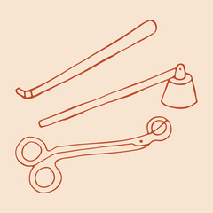 Naklejka premium Vector hand drawn set of three essential candle care tools a wick trimmer, a candle snuffer, a wick dipper. Stylish accessories for candle maintenance and a better burning experience