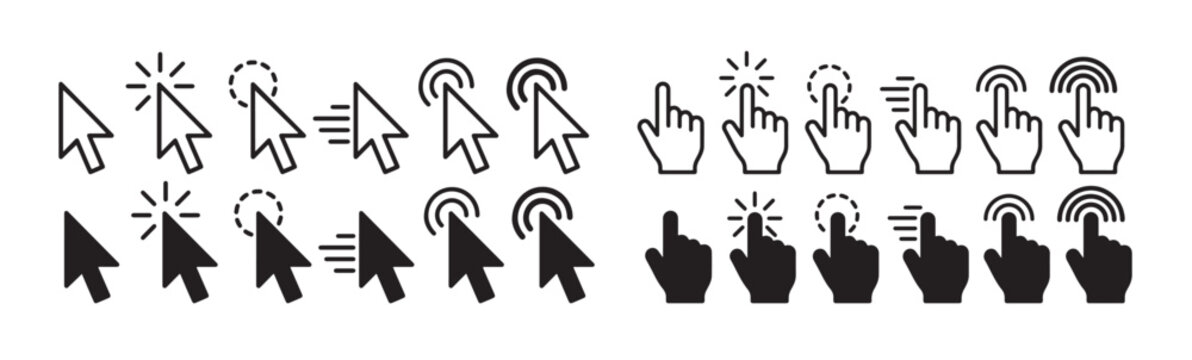 Cursor icon set mouse pointer click hand finger screen touch navigation website internet arrow selection link interface flat line outline style vector,