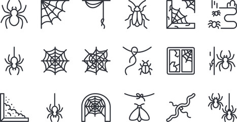 A collection of black outline vector icons depicting various spiders webs and scary insect creatures © Septarim
