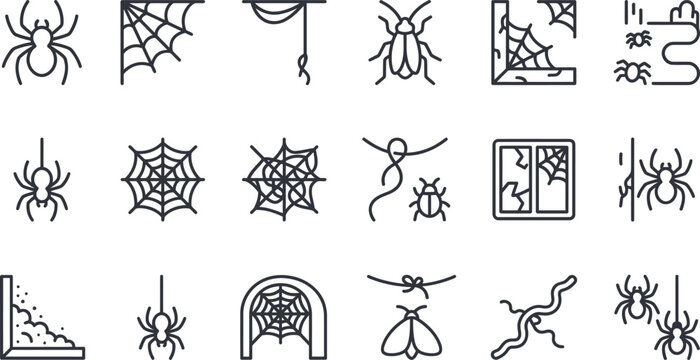 A collection of black outline vector icons depicting various spiders webs and scary insect creatures