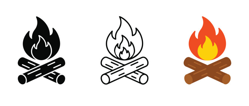 Campfire icon set bonfire firewood flame heat energy burning forest camping outdoor adventure travel wood timber flat line colored graphic design vector,