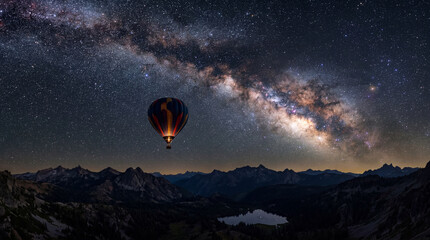 Obraz premium Beautiful hot air balloon flying under brilliant starry night sky with glowing milky way galaxy