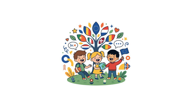 Children Learning Languages, EU Flags Tree, Diversity and Communication