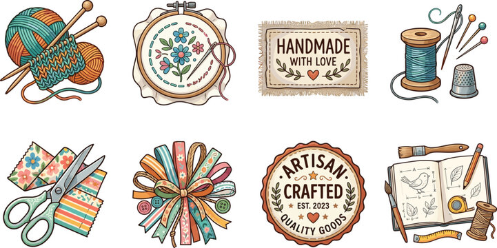 Handmade and craft vector illustration set featuring sewing knitting embroidery artisan labels and DIY hobby tools for creative projects
