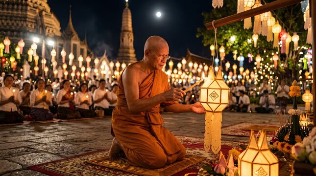 Buddhist Monk Lighting Lantern At Thai Festival Night