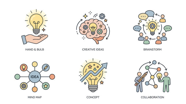 Creative concept mind map and team collaboration icon set.