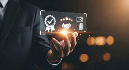 Fototapeta premium Business Excellence and Quality Assurance Concept with Businessman Holding Glowing Digital Interface for Corporate Branding and Customer Trust Marketing.