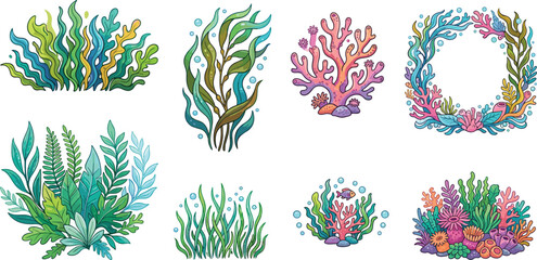 Set of hand drawn underwater illustrations including seaweed coral reefs marine plants bubbles and a decorative ocean wreath © SeeShoyagini