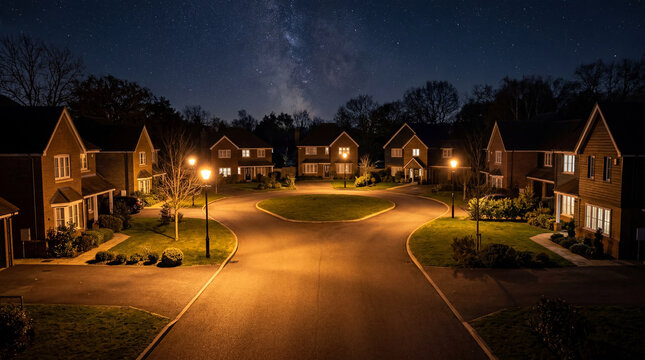 POV looking down empty cul de sac suburban street under beautiful starry night sky view