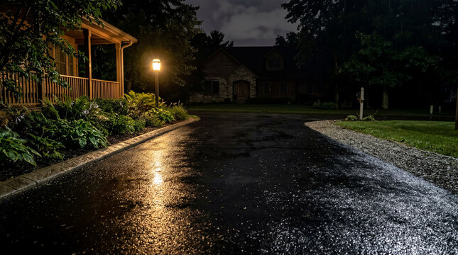 Close up perspective looking at freshly paved asphalt driveway shimmering under recent dark night rain