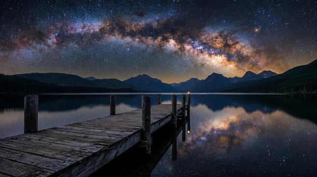 Old weathered wooden dock extending into calm lake under starry galaxy sky night landscape background