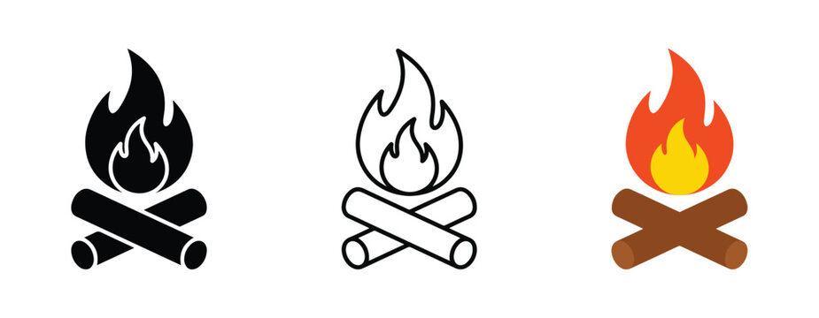 Campfire icon set bonfire firewood flame heat energy burning forest camping outdoor adventure travel wood timber flat line colored graphic design vector,