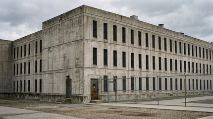 Fototapeta premium Grim Exterior Perspective Of Concrete Solitary Confinement Prison Block Architecture Showing Tiny Slit Windows Facade