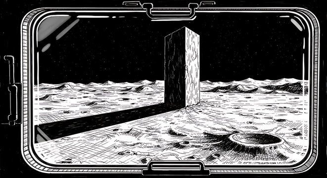 Mysterious Monolith on Lunar Landscape from Spacecraft View.