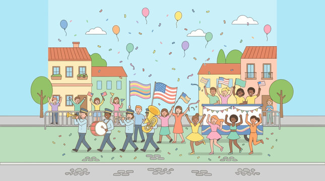 Children's Parade Celebration with Band, Flags, Balloons, and Confetti