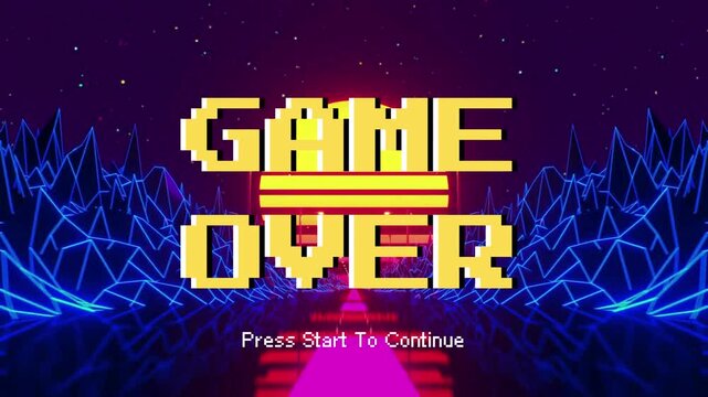Vibrant pixel art 'GAME OVER' screen in a retro arcade aesthetic, featuring a glowing synthwave background with futuristic wireframe mountains and a prompt to continue the digital adventure