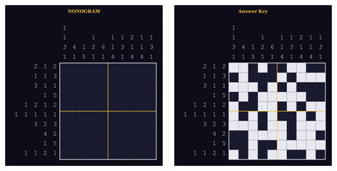 Obraz premium Puzzle grids with number patterns and solutions in dark theme 