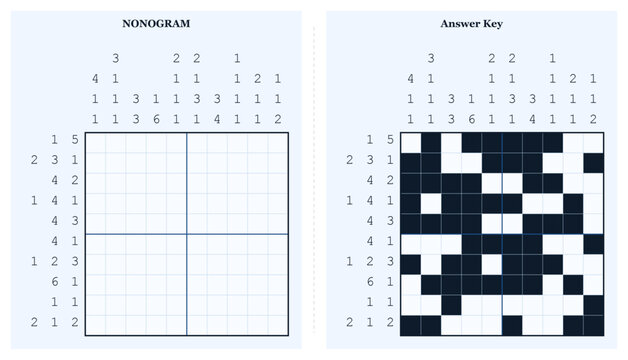 Nonogram puzzle grid with answer key displayed side by side  