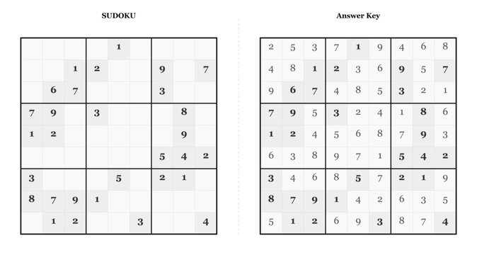Sudoku puzzle grid on left and completed answer key on right  