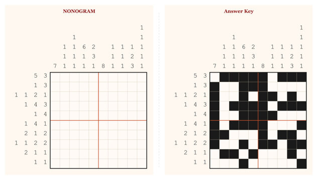 Nonogram puzzle grid with completed answer key illustration  