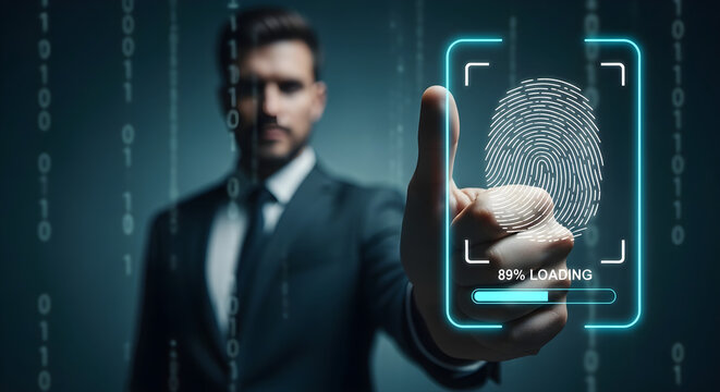 Advanced Biometric Security Businessman Scanning Thumbprint on Digital Interface for Cybersecurity and Data Protection Concepts.
