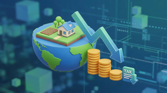 Real estate market downturn and global economic recession concept with 3D house on globe model, declining arrow graph, and tax icon on digital background
