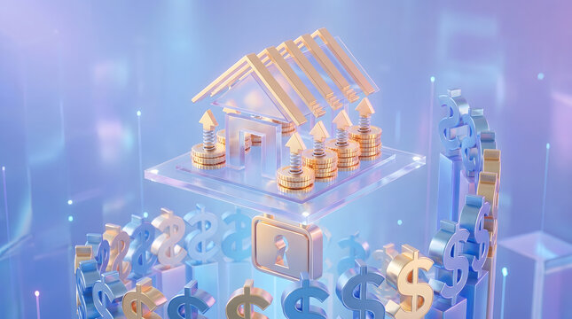 Real estate investment and property value growth concept with 3D golden house frame, rising coins, and dollar signs surrounding secure padlock on digital background