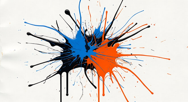 Vibrant Black Blue Orange Paint Splatters Abstract Art on White.