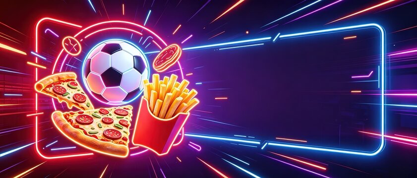 Neon glowing soccer ball, pizza slices and french fries framed by pink-blue neon borders, ideal for sports bar banner, football watch party poster and game-day fast food promotion visuals.