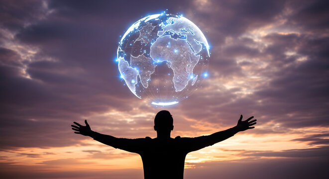 Global Connectivity Concept featuring a silhouette of a man with arms open facing a glowing digital earth hologram at sunset for technology and international business marketing.