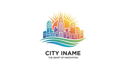 Fototapeta premium Vibrant City Skyline Logo Representing Urban Development and Modern Innovation with a Bright Sun and Flowing Elements