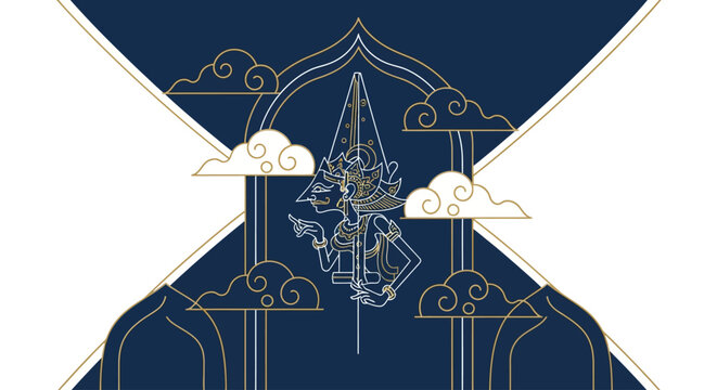 Stylized illustration of a traditional Indonesian Wayang Kulit puppet figure with ornate clouds and cultural patterns on a dark blue background.