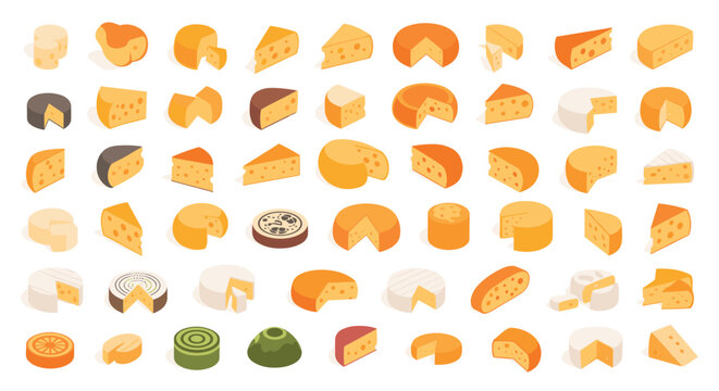 Comprehensive set of various cheese types including brie cheddar gouda and wheels in different stages of cutting for culinary themes.