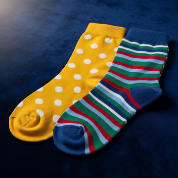 Vibrant Yellow Polka Dot and Striped Blue Socks on Dark Background.